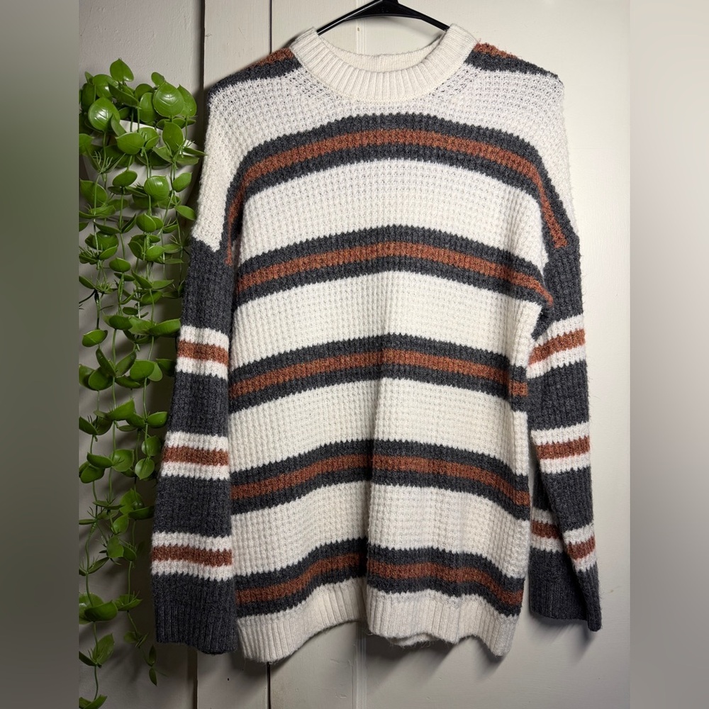 American Eagle Outfitters Textured Striped Sweater in Cream, Gray, and Brown